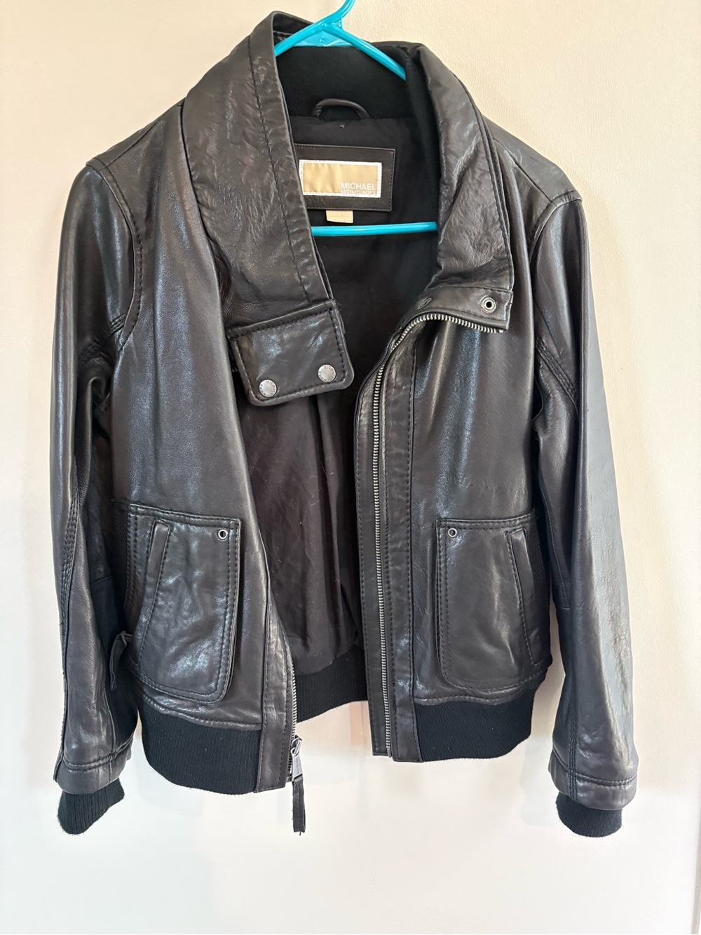 Michael Kors Women’s Black Leather Bomber Jacket with Snap Collar